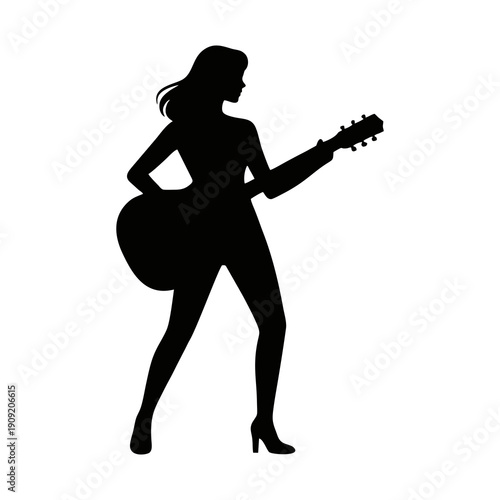 silhouette of a woman playing guitar with white background