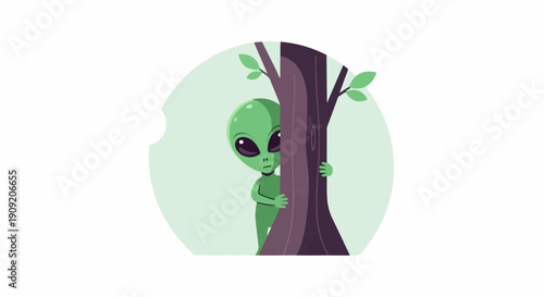 A curious green alien peeks from behind a tree trunk with leaves