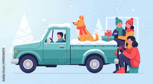 A family and their dog with gifts in a snow-covered pickup truck