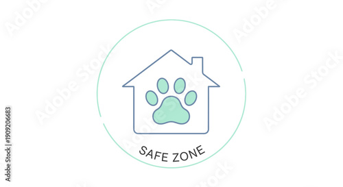 House Icon with Paw Print Inside, Labeled 'Safe Zone' for Pet Safety and Security