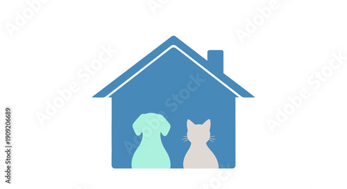 Blue House Shape Containing Silhouettes of a Dog and a Cat, Representing Pet Home and Companionship