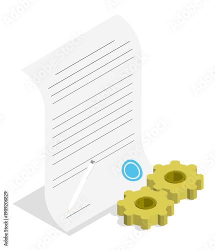 Isometric project documentation signed by engineer and plant manager for supply and installation of industrial equipment. Isolated cartoon vector concept on white background top view