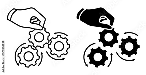 Linear icon. Hand assembling and rotating interlocking gears, teamwork, process optimization, automation and mechanical synergy. Simple vector isolated on white background