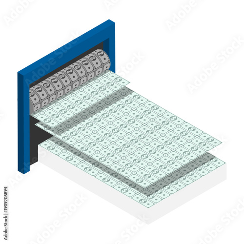 Isometric money printing press with roller producing endless sheets of dollar bills, cash production and wealth generation. Isolated cartoon vector on white background top view