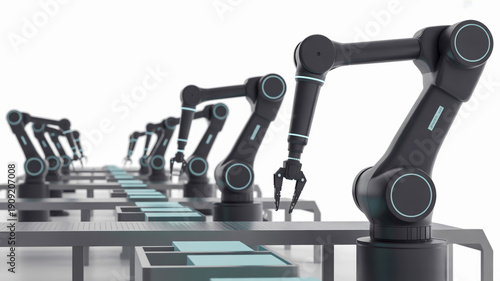 Robotic arms working on a production line with blue accents and white background factory industry manufacturing