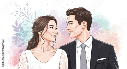 Asian bride and groom looking at each other smiling