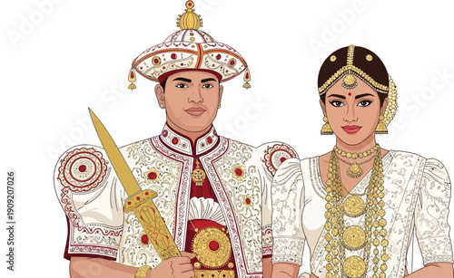 Sri lankan kandyan bride and groom in traditional wedding attire
