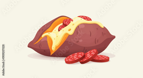 A baked sweet potato is split open, filled with melted cheese and sliced pepperoni
