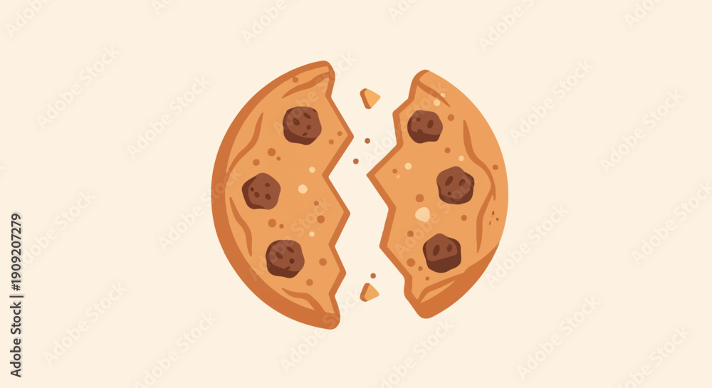 Fototapeta premium A broken chocolate chip cookie with a creamy beige background