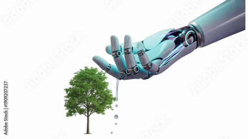 Robotic hand nurturing a tree with water droplets on a white background nature