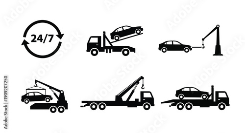 Collection of black and white tow truck icons illustrating various roadside assistance and vehicle recovery services available twenty four hours a day