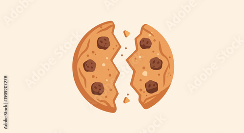 A broken chocolate chip cookie with a creamy beige background
