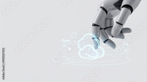 Robotic hand touching a glowing cloud on a light gray background technology innovation futuristic