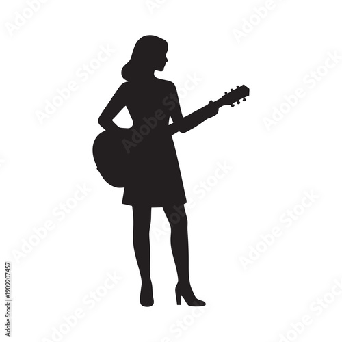 silhouette of a woman playing guitar with white background
