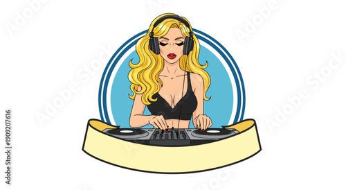Vector illustration of a blonde female DJ with headphones at the turntables, with a banner for text