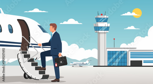 Luxury Travel Vector Illustration of a Businessman Boarding a Private Jet at an Airport Terminal