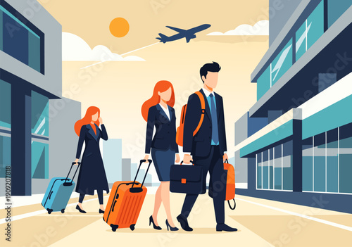 Business travel vector illustration of people with luggage walking in airport terminal