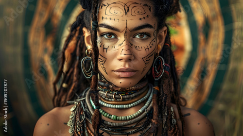 Captivating ethnographic portrait of a woman with intricate ritual adornments in cultural setting
