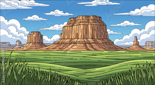 Vast Desert Landscape Vector Illustration of Majestic Rock Formations in a Sunny Meadow