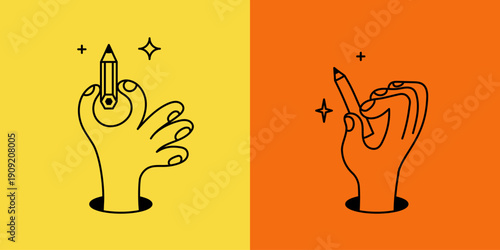 Vector simple linear illustrations, hands and gestures, hand drawn illustrations, poster, logo, print design template, craft or creative work concept