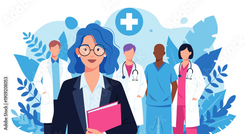 Diverse medical team vector illustration with a confident leader, representing healthcare professionals and their collaborative efforts in a stylized setting