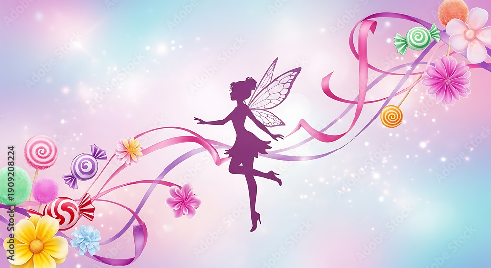 Fototapeta premium Fairy silhouette with flowers and ribbons