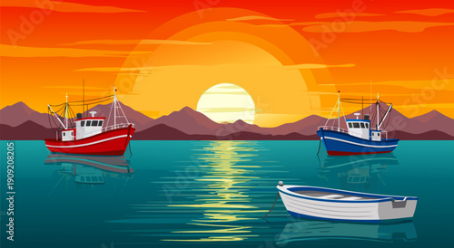 Beautiful vector illustration of fishing boats on a calm sea during a vibrant sunset with mountains in the background, serene travel scene
