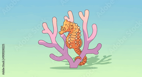 A charming cartoon seahorse clings to a pink coral branch underwater