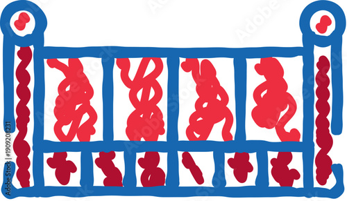 Slot machine doodle icon with blue framed reels and red squiggle symbols, simple line art style representing gambling, chance, jackpot, entertainment, and casino play