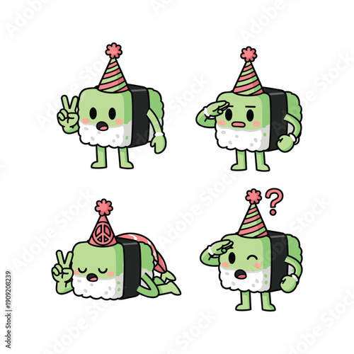 Cartoon money cash celebrating success with party hat in various poses and emotions