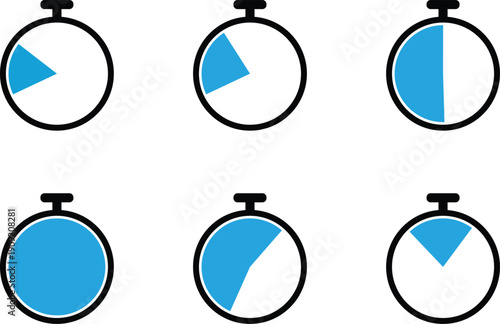 Six blue and white stopwatch showing different time progress percentages and durations Keywords