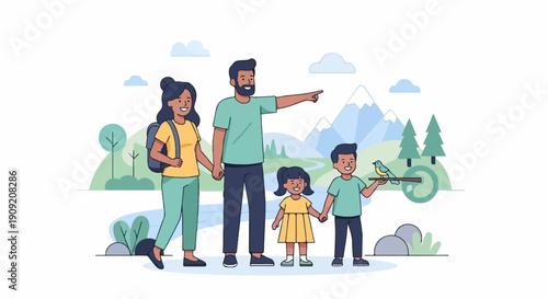A family explores nature, pointing towards mountains and holding a bird