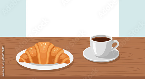 A croissant sits on a plate next to a cup of coffee on a wooden table