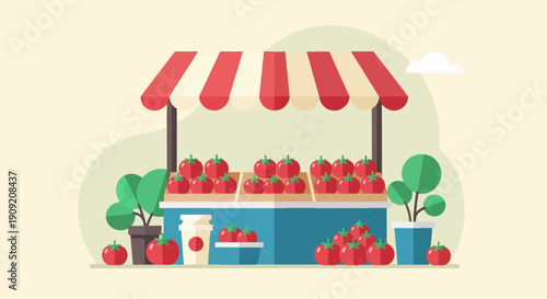 A charming flat illustration of a market stall filled with ripe red tomatoes