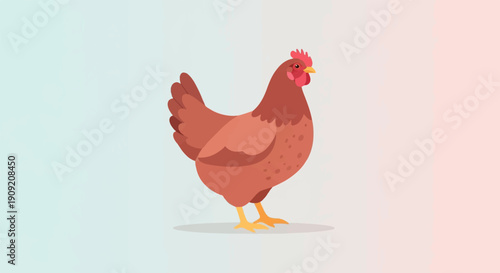 A brown hen stands against a softly hued, gradient background