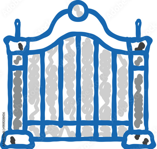 Decorative garden gate with an arched top and patterned bars, drawn in a blue and grey doodle style on a white background, representing entry, security, and home improvement concepts