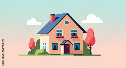 A charming, flat-designed house with a blue roof and pinkish walls, surrounded by green bushes and red trees