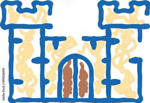 Castle doodle icon representing a medieval fortress with battlements and a gate, featuring a hand drawn style with blue outlines and earthy tones on a white background