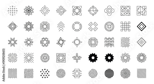 Geometric Decorative Symbols and Pattern Elements Set in Black and White Line Art Style