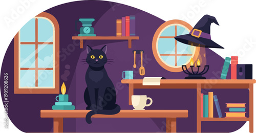 A black cat sits in a dimly lit room with witchy decor