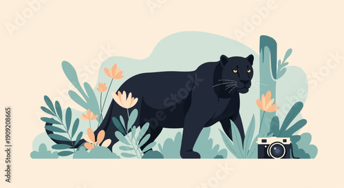 A black panther stands among stylized plants and flowers with a camera nearby