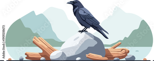 A black raven perches on a boulder beside driftwood and stones, mountains and water background