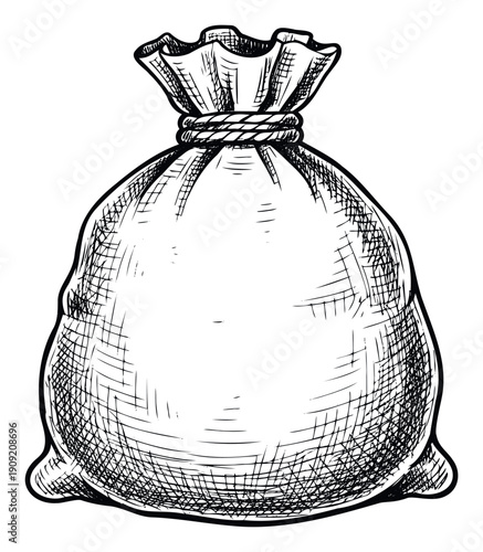 A hand drawn sketch of a full money bag tied with a rope, symbolizing wealth and financial prosperity, perfect for business graphics and economic concepts
