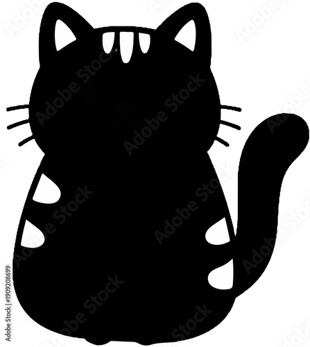 A black silhouette of a plump cat with stripes on its head and body