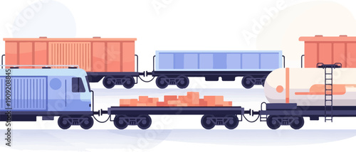 A freight train composed of multiple cars, including a locomotive and tank car