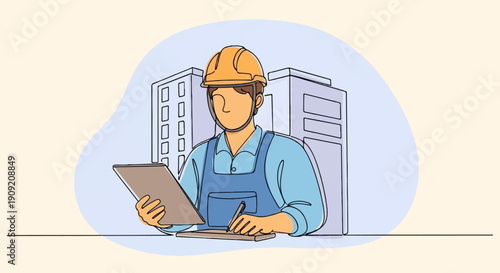 A builder in a hard hat and overalls works on a tablet with buildings behind