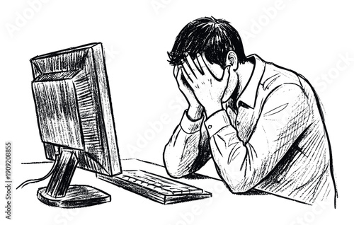 A frustrated man with his head in his hands sits at a desk in front of a computer, depicting workplace stress and technological challenges for various professional and emotional concepts.