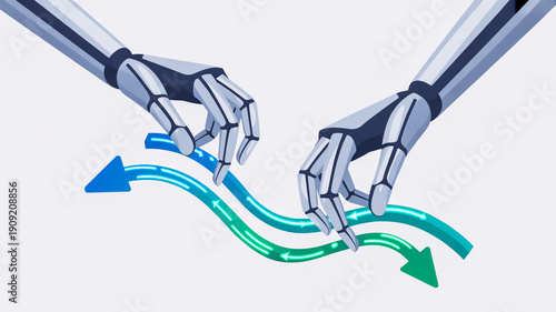Robotic hands guiding a curved arrow on a white background technology guidance direction