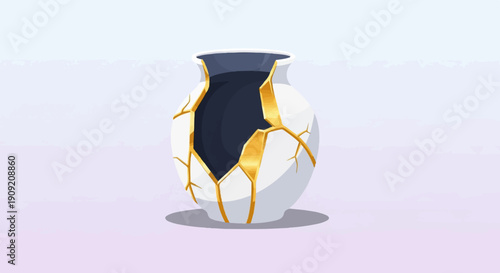 A cracked white vase with gold filler sits on a light background