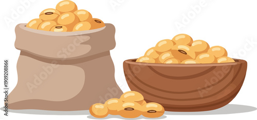 A burlap sack and wooden bowl overflow with golden soybeans